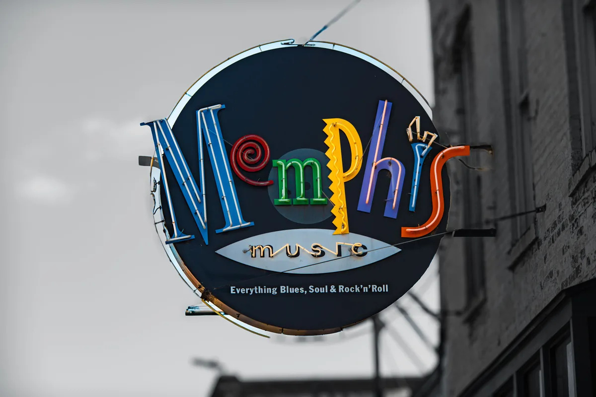 Round neon "Memphis Music" sign on Beale Street